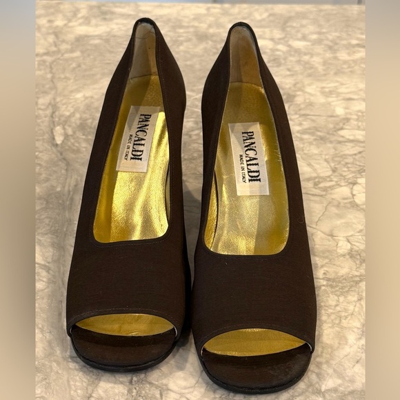 Brown PANCALDI Italy Classic block Heels Pumps open toe neoprene Sz 8AA new - Picture 2 of 6